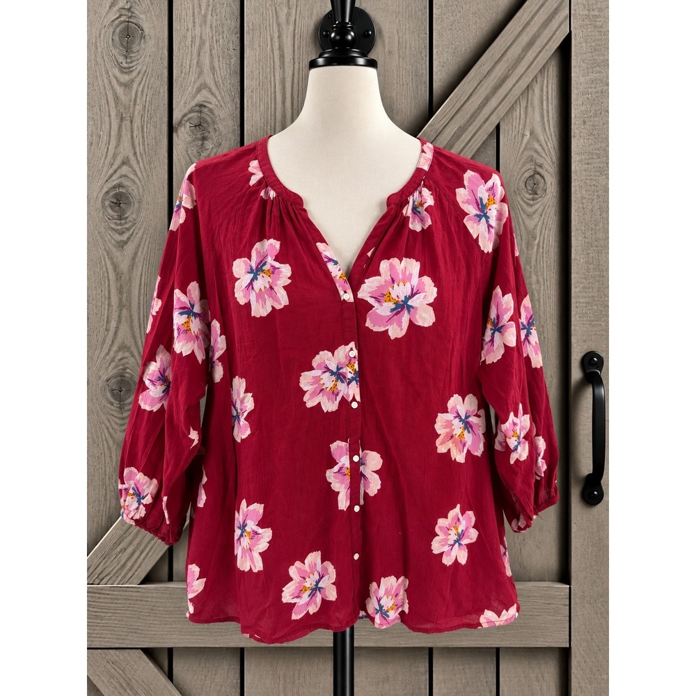 New Old Navy Boho Top Button Front  XXL Deep Red Pink Floral 3/4 Sleeve
